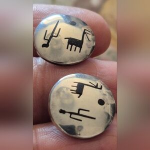Silver Round Earrings with Black Tribal Design